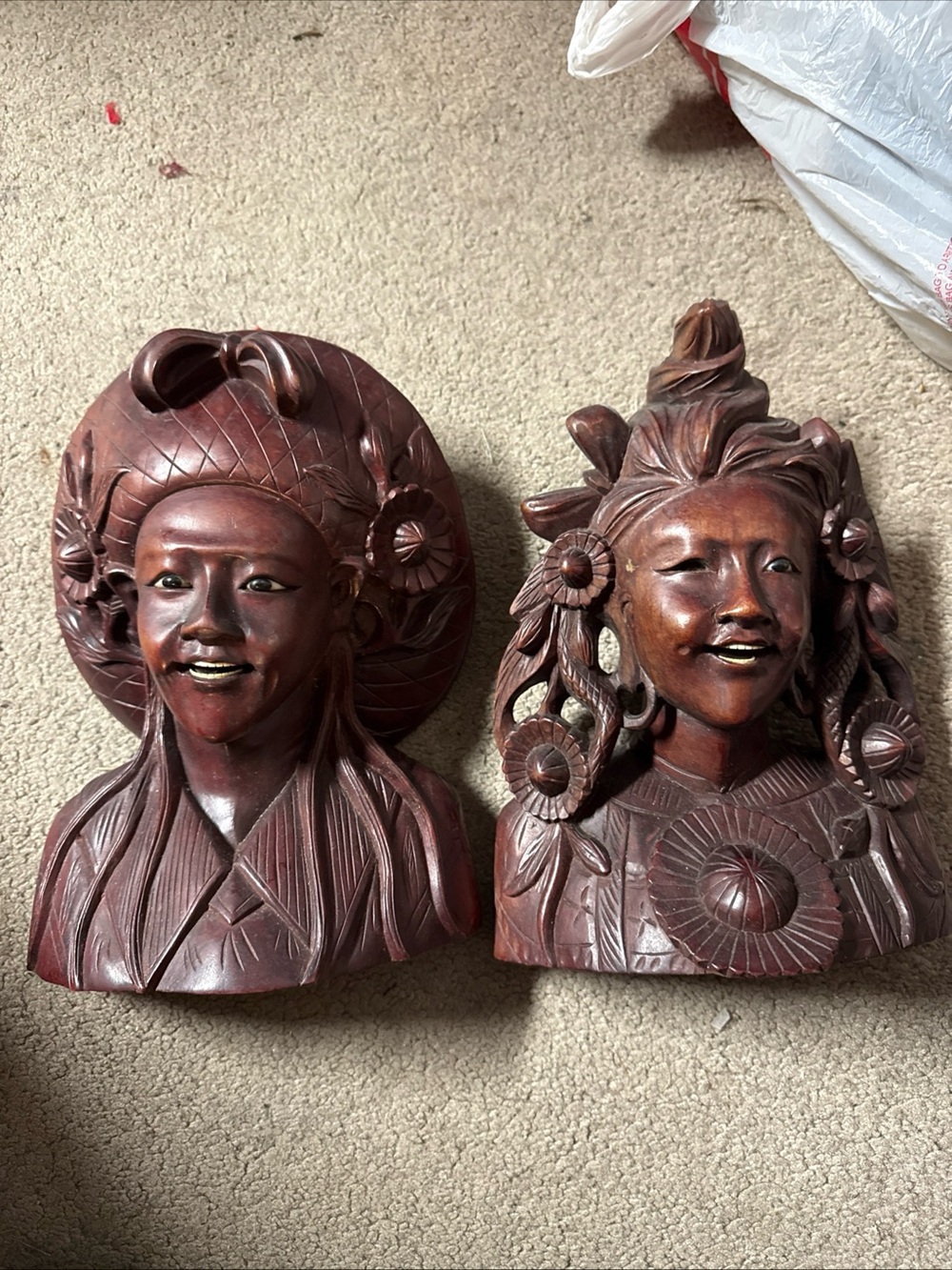Pair Of Vintage Asian Women Hard Wood Intricately Carved Bust heavy